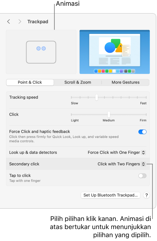 Pilihan trackpad dalam Seting Sistem menunjukkan pilihan klik sekunder disetkan kepada Klik dengan Dua Jari dan animasi yang sepadan.