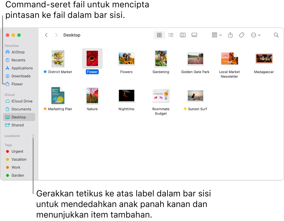 Di sebelah kanan Lokasi dalam bar sisi Finder ialah anak panah untuk mengklik bagi menunjukkan item tambahan. Dalam tetingkap Finder di sebelah kanan, fail dipilih dan pintasan ke fail berada dalam bar sisi, di bawah Kegemaran.