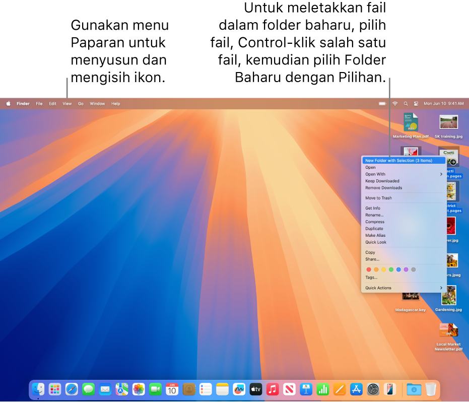 Desktop menunjukkan fail dan folder. Beberapa fail dipilih untuk diletakkan dalam folder baharu. Control-klik pada fail dipilih menunjukkan menu timbul dan Folder Baharu dengan Pilihan dipilih.