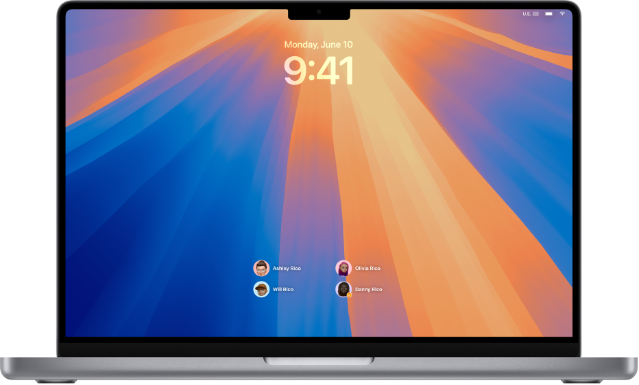 Desktop Mac menunjukkan Skrin Kunci dengan empat akaun pengguna disenaraikan di bahagian bawah.