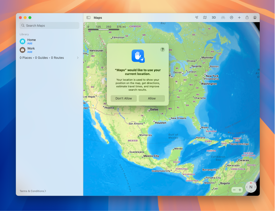 Desktop Mac menunjukkan app Peta dan dialog yang pengguna boleh benarkan (atau tidak benarkan) Peta untuk menggunakan lokasi semasa mereka.