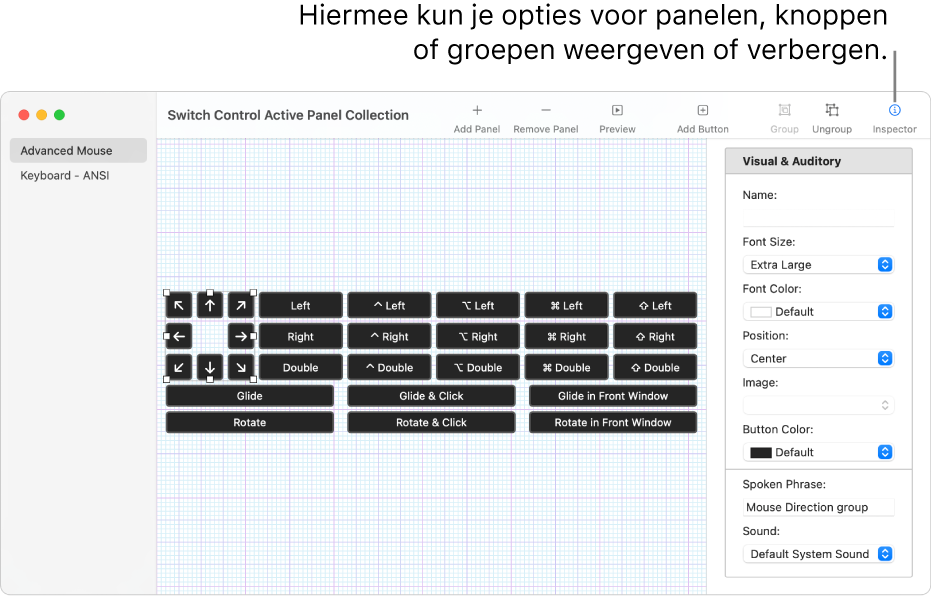 Een venster met de panelenset, met rechts van de knoppenbalk de infovensterknop waarmee je opties kunt instellen voor panelen, knoppen en groepen.
