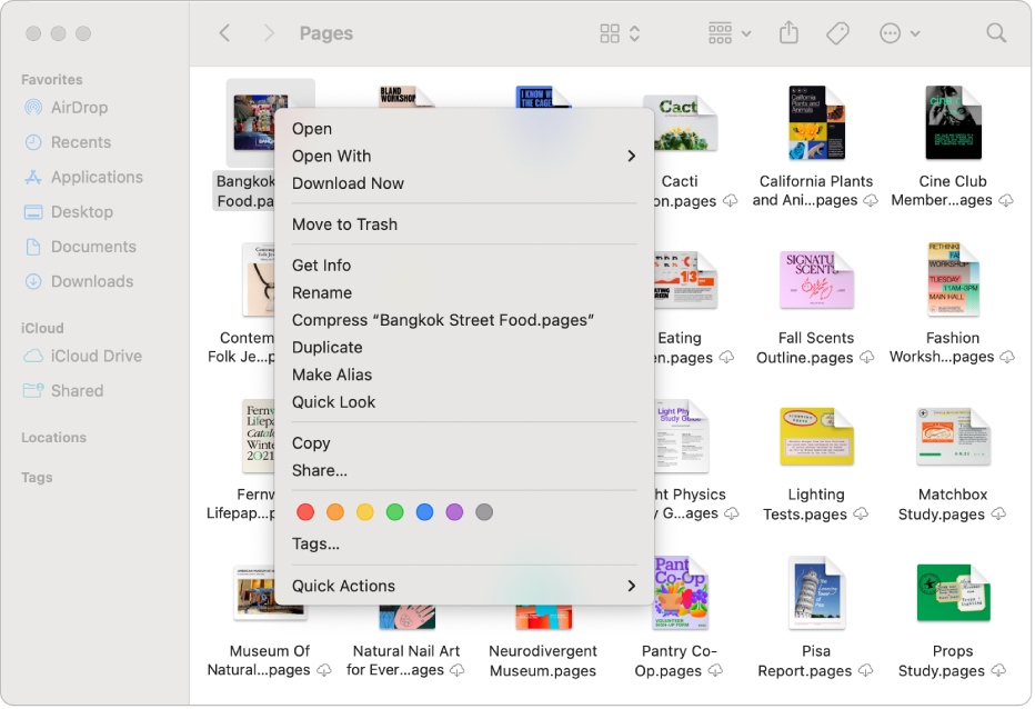 Een Finder-venster met een contextueel menu voor een geselecteerd bestand.