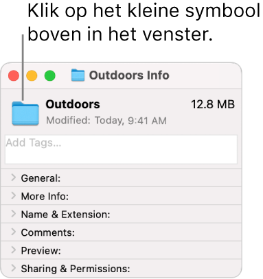 Het infovenster voor een map waarin het algemene symbool voor de map is geselecteerd.