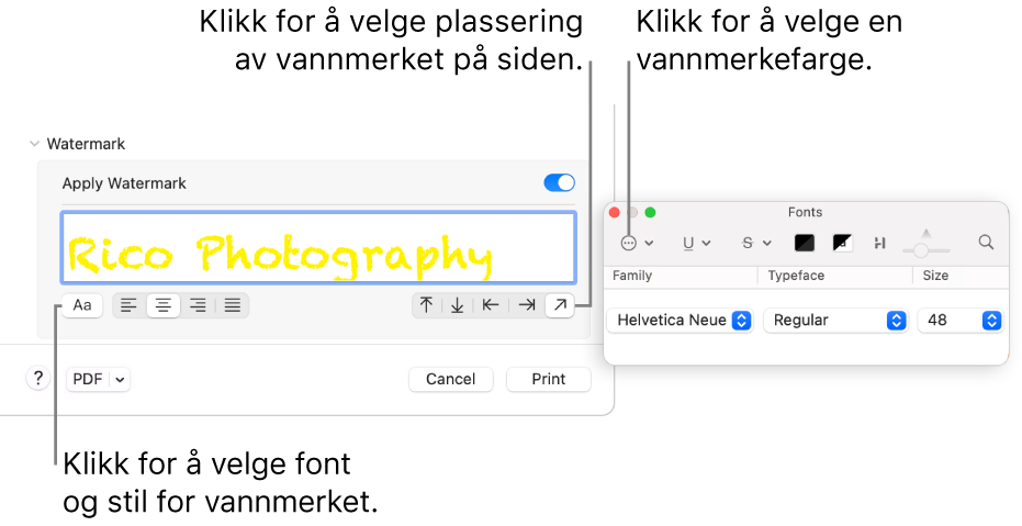 Vannmerke-utskriftsvalgene, som viser valgene Bruk vannmerke, Plassering og Vannmerketekst.