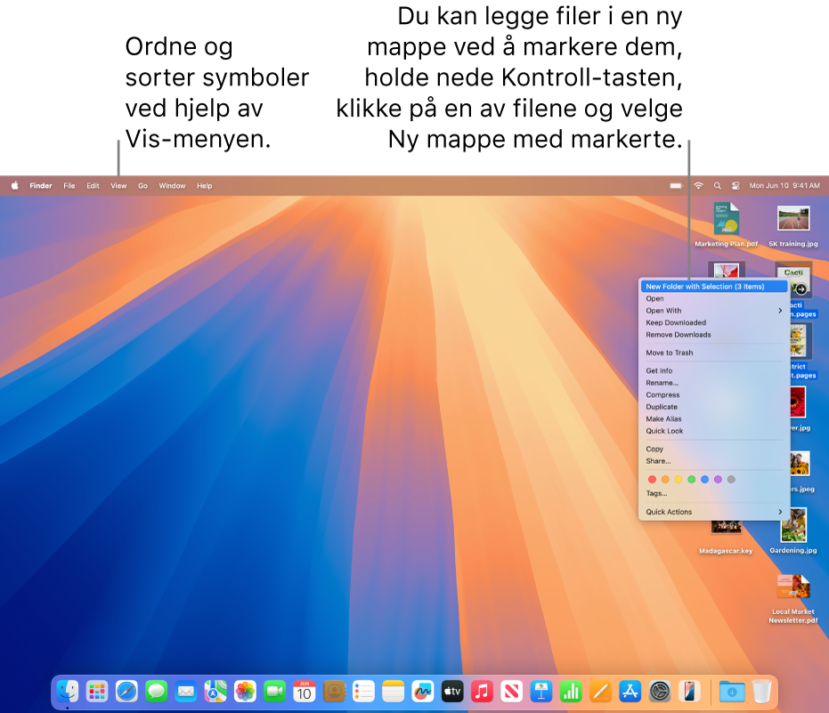 Et skrivebord som viser filer og mapper. Flere filer markeres og skal plasseres i en ny mappe. Et Kontroll-klikk på en markert fil viser en lokalmeny, og Ny mappe med markerte velges.
