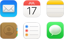 Symboler for Mail, Kalender, Notater, Kontakter, Påminnelser, Meldinger, Hjem og News
