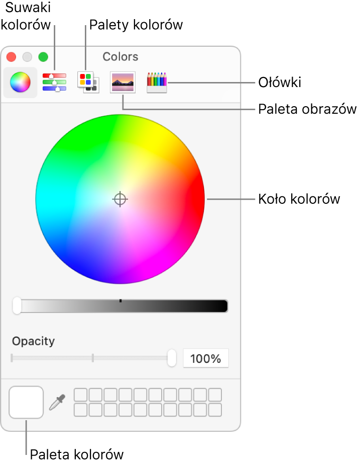 Okno Kolory. U góry okna znajduje się pasek narzędzi z przyciskami suwaków koloru, palet kolorów, palet obrazków i ołówków. Na środku okna wyświetlane jest koło kolorów. Po lewej stronie znajduje się pole koloru.