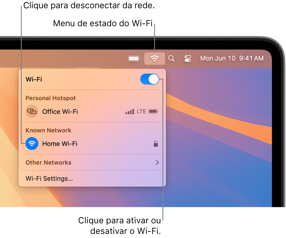 Menu de estado do Wi-Fi, mostrando o botão para ativar ou desativar o Wi-Fi, um Acesso Pessoal e duas redes conhecidas.