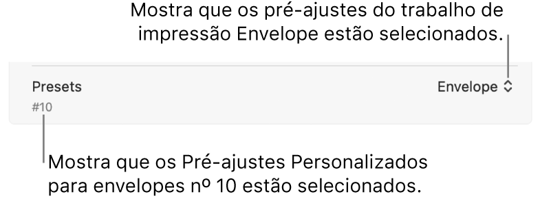 Seção Pré-ajustes da caixa de diálogo Imprimir mostrando um pré-ajuste de trabalho de impressão para um envelope selecionado e um pré-ajuste personalizado para um envelope nº 10.