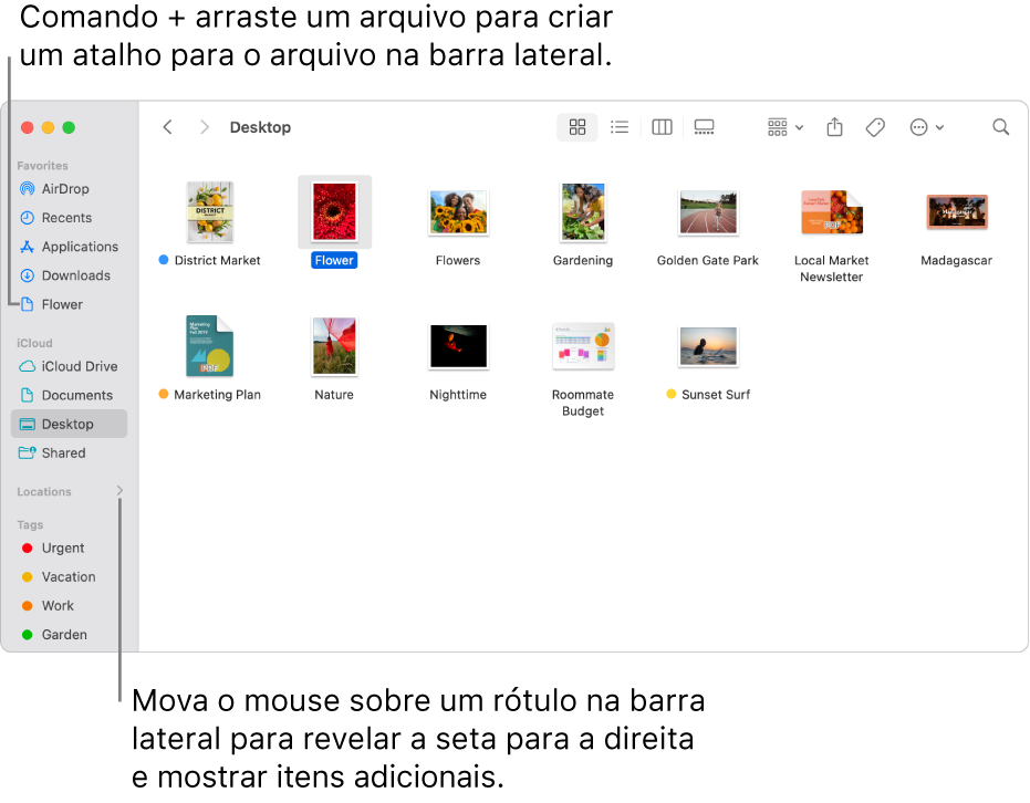 À direita de Localizações na barra lateral do Finder, há uma seta que pode ser clicada para mostrar itens adicionais. Na janela do Finder à direita, um arquivo está selecionado e um atalho para o arquivo está na barra lateral, abaixo de Favoritos.