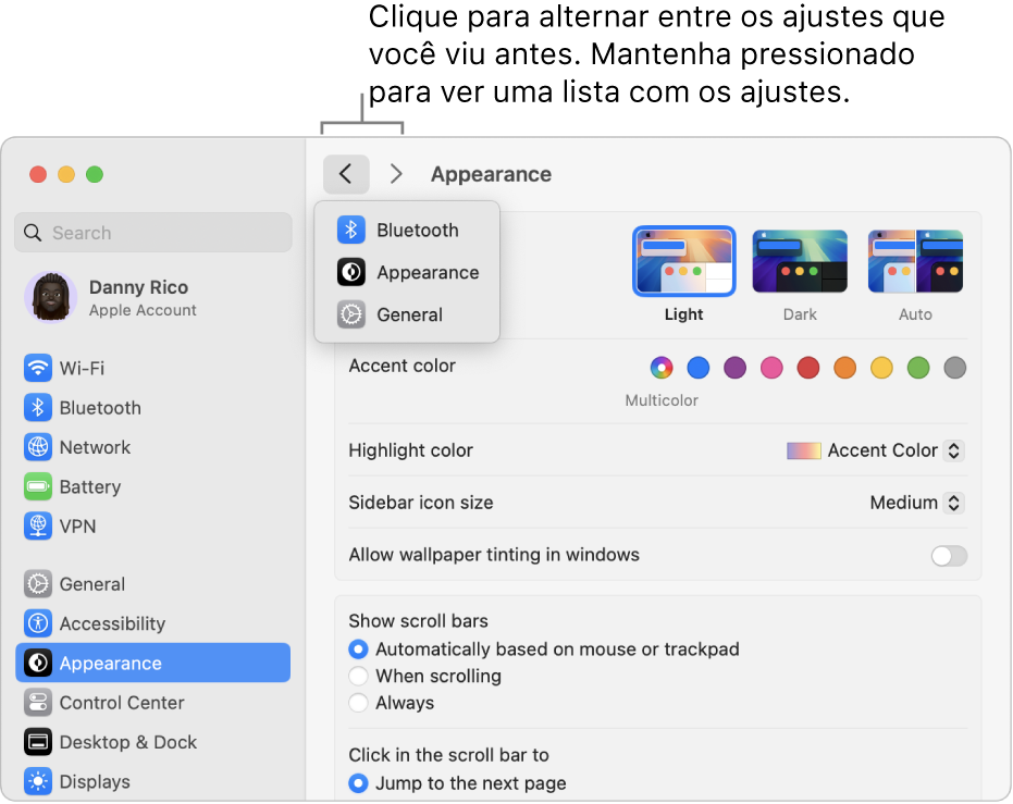 Janela dos Ajustes do Sistema mostrando ajustes recentemente visualizados abaixo do botão Voltar.