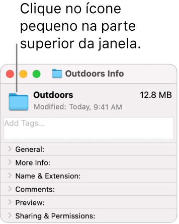 Janela de Informações de uma pasta, mostrando o ícone genérico para a pasta selecionada.