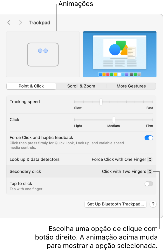 Opções do trackpad nos Ajustes do Sistema mostrando a opção de clique secundário definida como Clique com Dois Dedos e a animação correspondente.