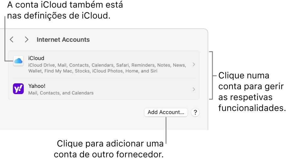As definições de Contas da internet com uma lista das contas que estão configuradas no Mac.