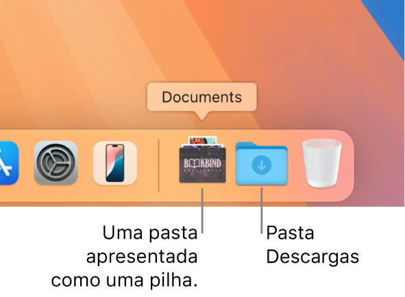 A extremidade direita da Dock a mostrar uma pasta que é apresentada como pilha e a pasta Descargas apresentada como pasta.