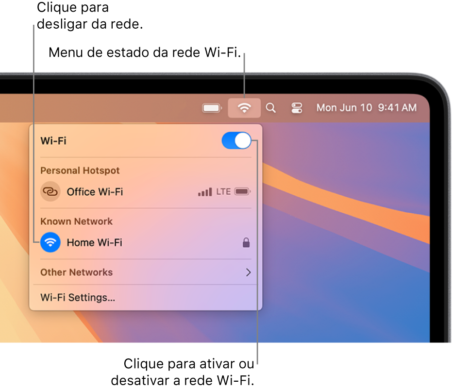 O menu de estado de Wi-Fi, a mostrar o botão de ativar/desativar Wi-Fi, um hotspot pessoal e redes conhecidas.