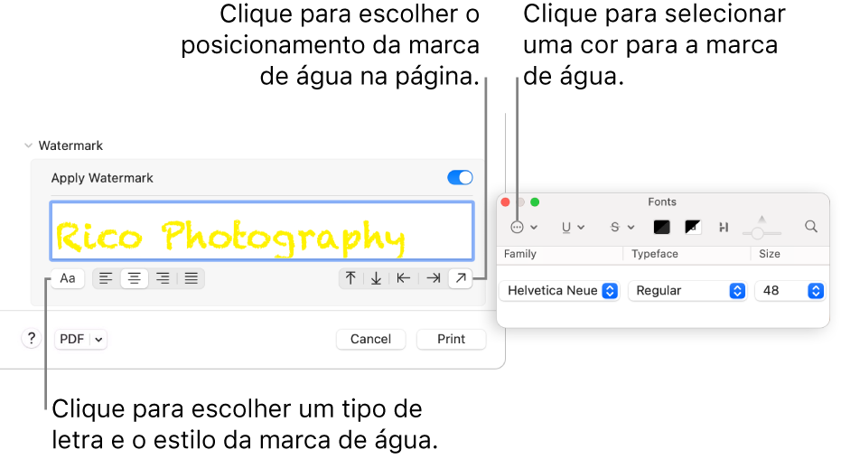 As opções de impressão “Marca de água” a mostrar as opções “Marca de água”, “Localização” e “Nome da marca de água”.