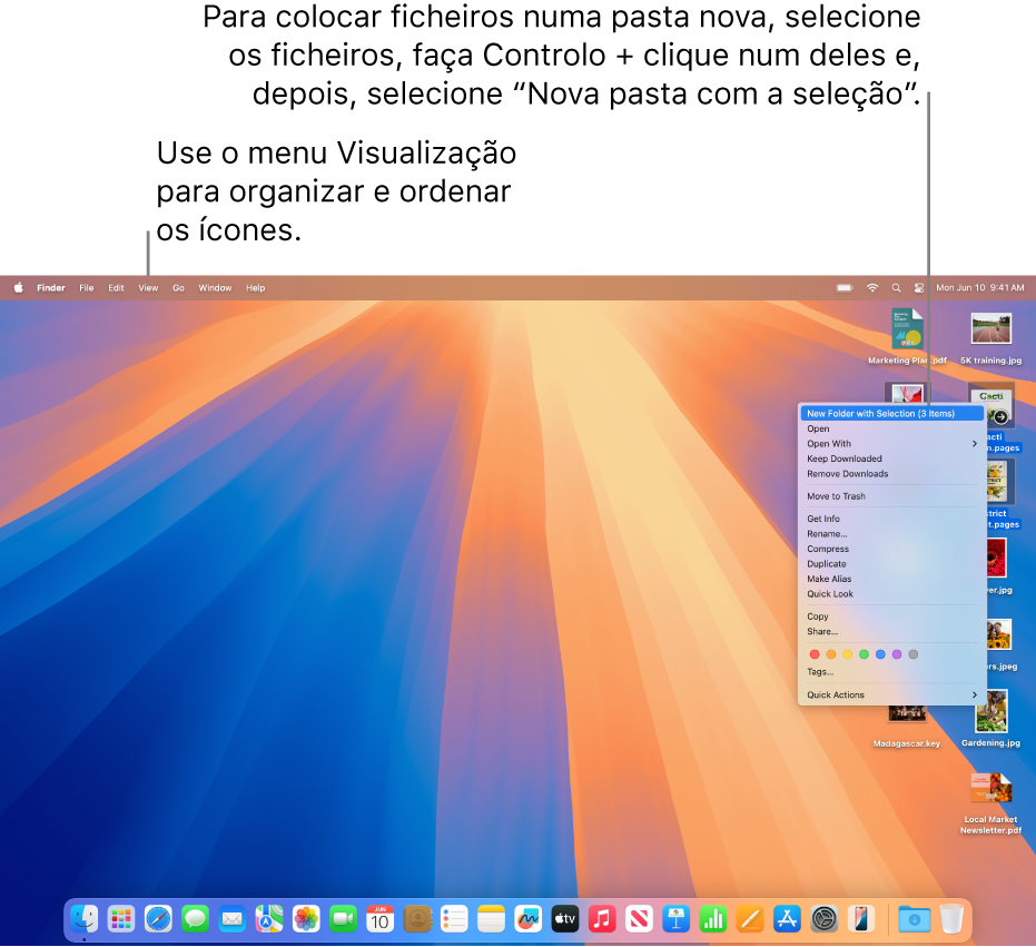 Uma secretária a mostrar ficheiros e pastas. Estão selecionados vários ficheiros para que sejam colocados numa nova pasta. Fazer Controlo enquanto clica mostra um menu pop-up e é selecionada a opção “Nova pasta com a seleção”.