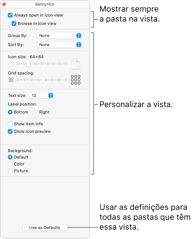 Opções de vista de ícones para uma pasta.
