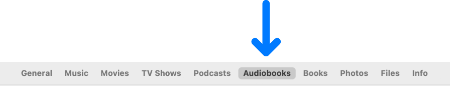 A opção de sincronização “Audiolivros” está selecionada.