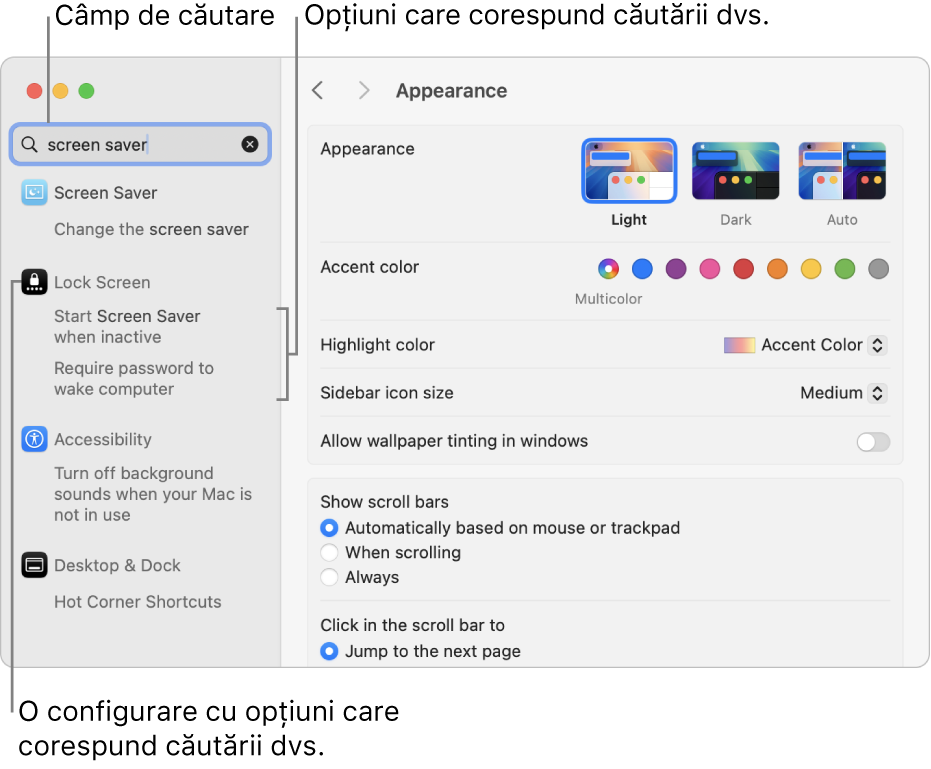 Fereastra Configurări sistem afișând “screensaver” în câmpul de căutare și o listă cu rezultatele de căutare corespunzătoare sub câmpul de căutare.