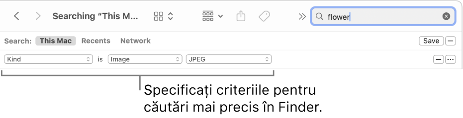 O fereastră Finder cu câmpuri pentru specificarea criteriilor de căutare.