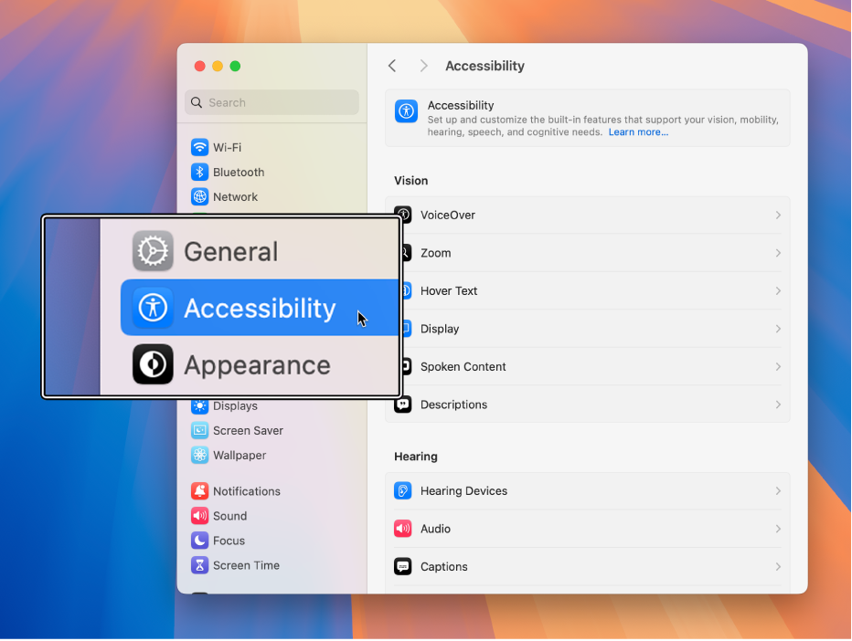 Fereastra Configurări este deschisă pe desktop. O suprapunere afișează o versiune cu zoom a unei porțiuni din fereastră.