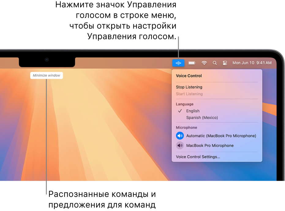 Последняя команда, распознанная Управлением голосом, отображается в верхней части рабочего стола. Справа в строке меню показан значок Управления голосом, и открыто меню функции «Управление голосом».