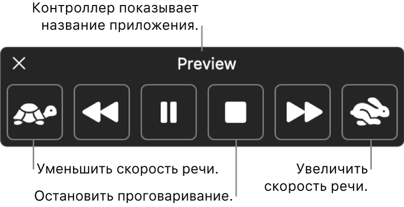 Экранный контроллер, который может отображаться, когда Mac проговаривает выбранный текст. Экранный контроллер содержит шесть кнопок, которые (слева направо) позволяют понизить скорость речи, вернуться назад на одно предложение, запустить или приостановить проговаривание, остановить проговаривание, перейди вперед на одно предложение и повысить скорость речи. Вверху контроллера отображается имя приложения.
