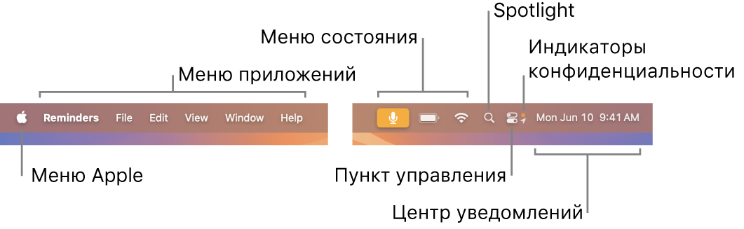 Строка меню. В левой части находится меню Apple и меню приложений. В правой части располагаются меню статуса, Spotlight, Пункт управления, индикаторы конфиденциальности и Центр уведомлений.