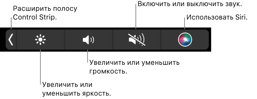 В свернутой полосе Control Strip есть следующие кнопки (слева направо): раскрытие Control Strip, увеличение и уменьшение яркости экрана и громкости, включение и выключение звука, использование Siri.