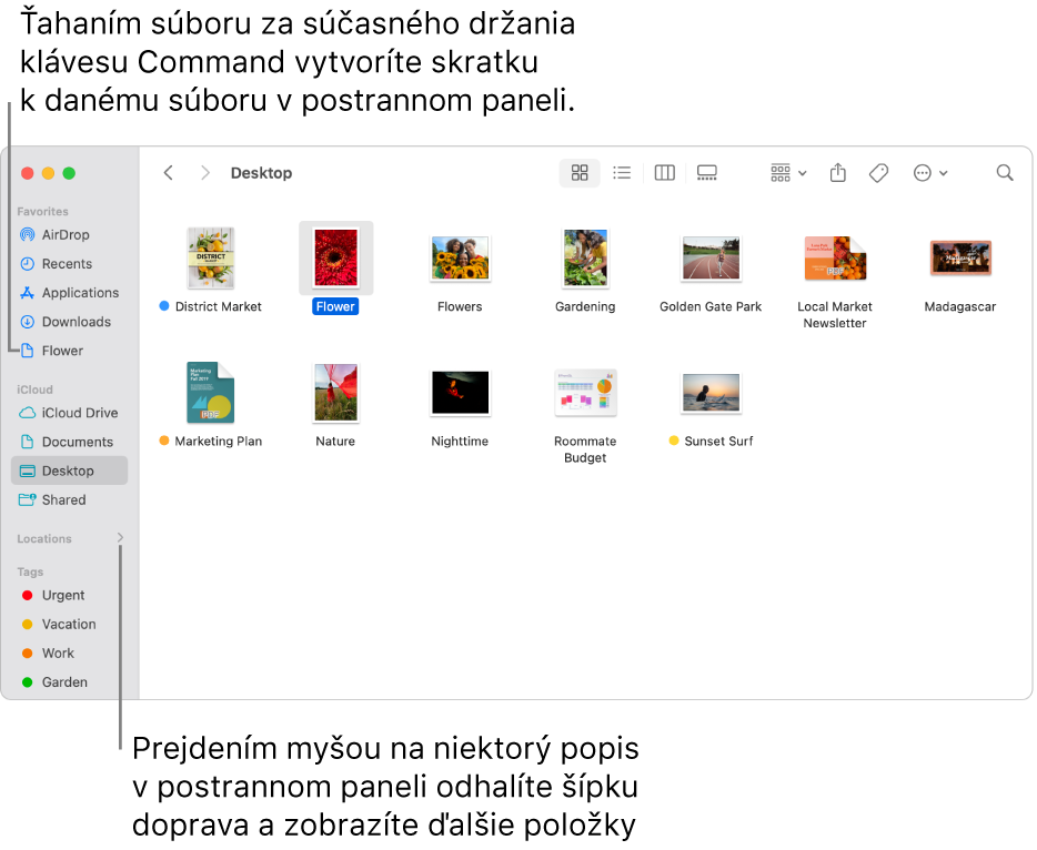 Napravo od položky Umiestnenia na postrannom paneli Findera je šípka, na ktorú možno kliknúť a zobraziť tak ďalšie položky. V okne Findera na pravej strane je vybratý súbor a na postrannom paneli pod položkou Obľúbené sa nachádza skratka k danému súboru.