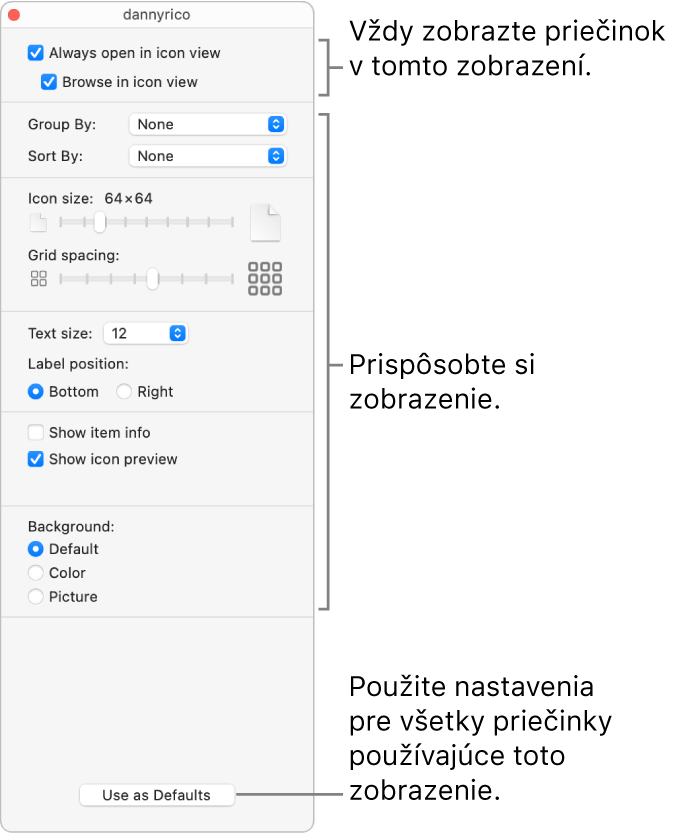 Možnosti zobrazenia ikon pre priečinok.