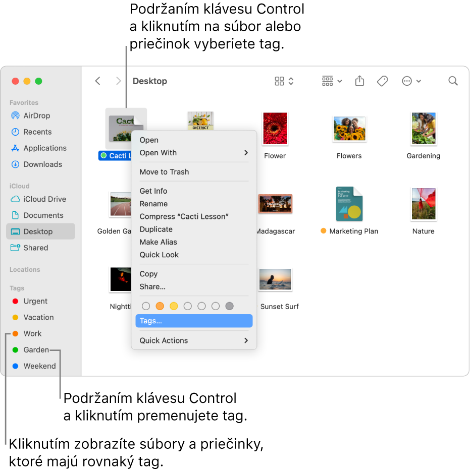 Okno Findera obsahujúce súbory a priečinky so značkami, s jedným vybratým súborom. V menu skratiek sú k dispozícii farebné možnosti pre značky a je zvýraznená položka Značky.