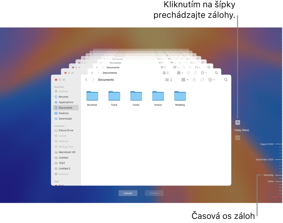 Okno aplikácie Time Machine zobrazujúce viacero obrazoviek Findera, ktoré predstavujú zálohy a šípky určené na navigáciu. Šípky a časová os zálohovania na pravej strane vám pomáhajú pri navigácii v zálohách, aby ste si mohli vybrať, ktoré súbory chcete obnoviť.