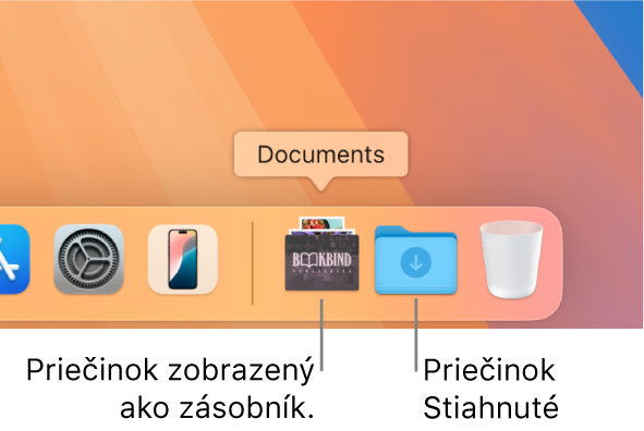 Pravá strana Docku, ktorá zobrazuje priečinok vo forme zásobníka a priečinok Stiahnuté vo forme priečinku.