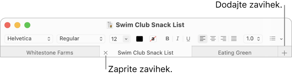 Okno urejevalnika TextEdit s tremi zavihki v vrstici z zavihki, ki je pod vrstico za oblikovanje. Na enem od zavihkov je prikazan gumb za zapiranje. Na desni strani vrstice z zavihki je gumb za dodajanje.