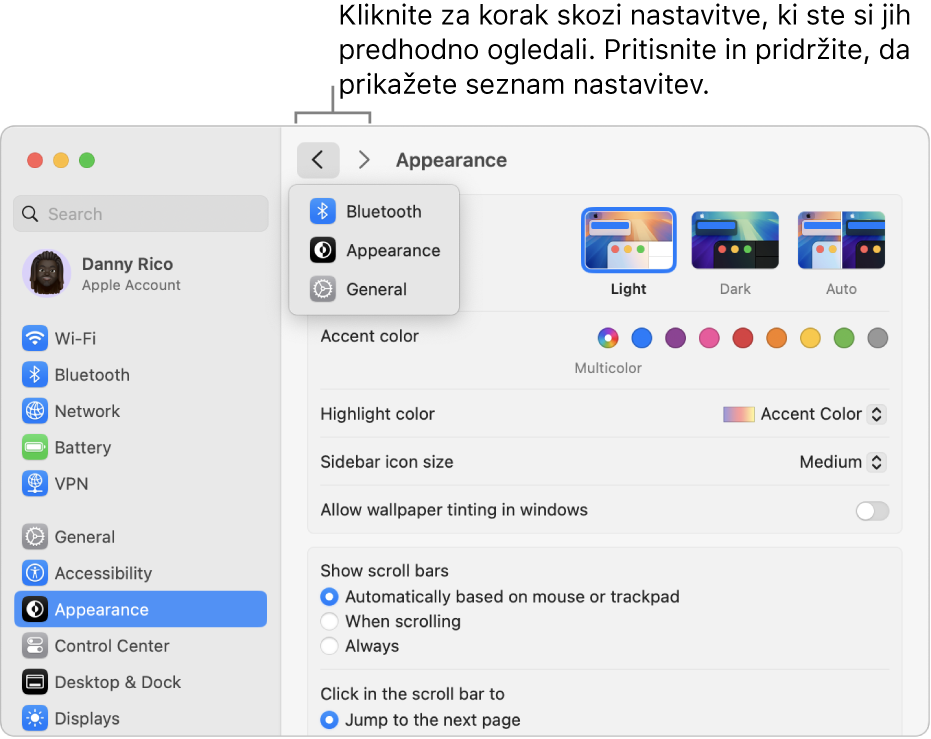 Okno Nastavitev sistema s prikazom nedavno odprtih nastavitev pod gumbom za nazaj.
