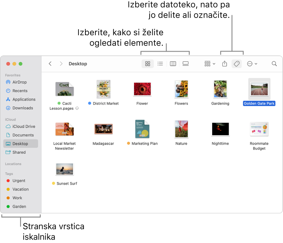 Okno aplikacije Finder s stransko vrstico aplikacije Finder na levi. Na vrhu okna so štirje gumbi, ki spremenijo prikaz elementov v oknu, ter dodatni gumbi za urejanje in deljenje elementov.
