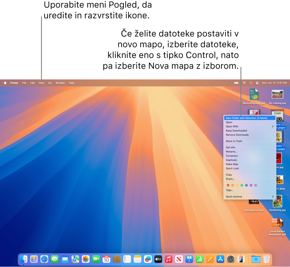 Namizje, ki prikazuje datoteke in mape. Več datotek je izbranih za premikanje v novo mapo. Če pridržite tipko Control in kliknete izbrano datoteko, se prikaže pojavni meni in izbrana je možnost Nova mapa z izborom.