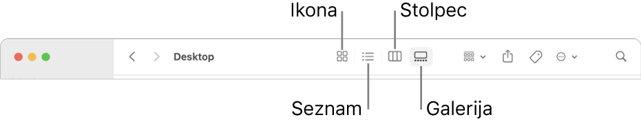Orodna vrstica aplikacije Finder, ki prikazuje gumbe za pogled za mapo.