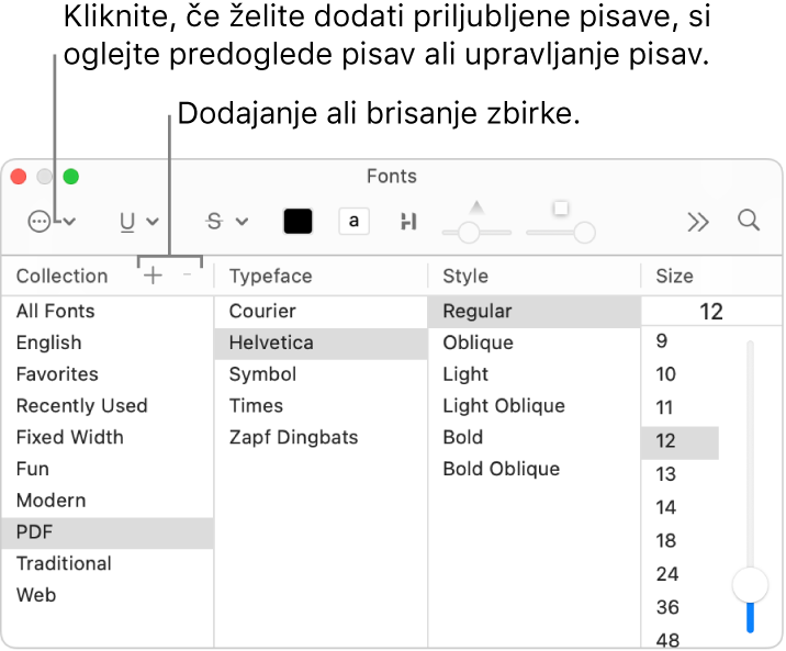 V oknu Pisave lahko hitro dodate ali izbrišete zbirke, spremenite barvo pisave ali pa izvedete dejanja, kot je predogled, upravljanje pisav ali dodajanje v Priljubljene.