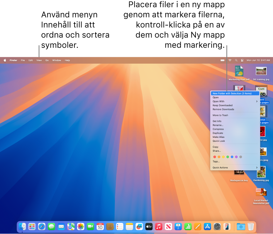Ett skrivbord med filer och mappar. Flera filer har markerats och ska placeras i en ny mapp. Ett kontroll-klick på en markerad fil öppnar en popupmeny. Ny mapp från markering väljs.