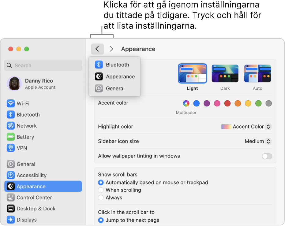 Fönstret Systeminställningar visar de senast öppnade inställningarna nedanför tillbakaknappen.