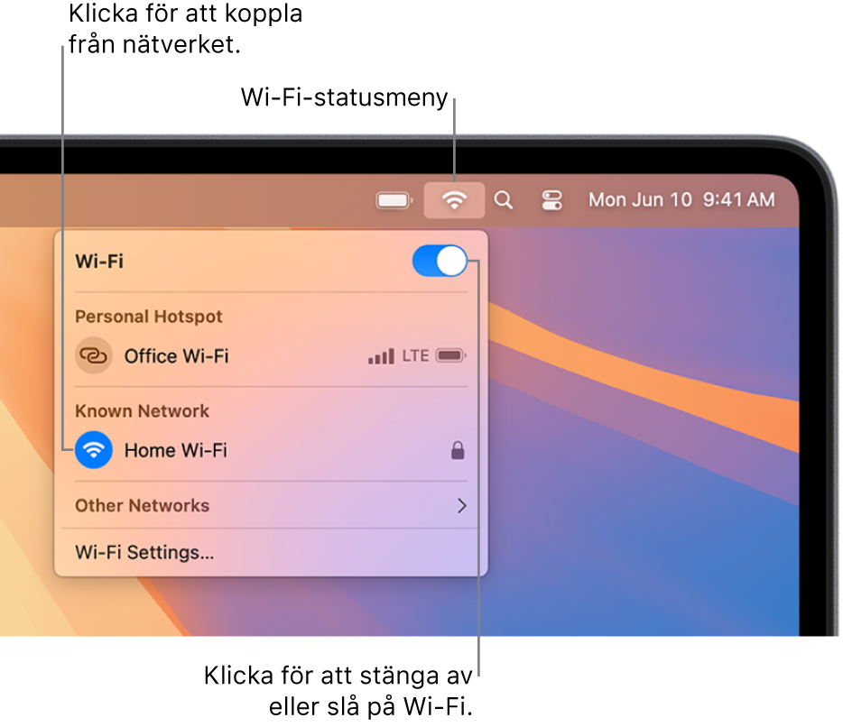 Wi-Fi-statusmenyn som visar knappen för att slå på och stänga av Wi-Fi, en internetdelning och kända nätverk.