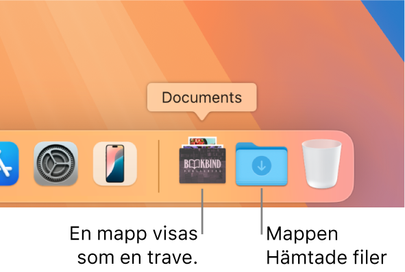 Den högra änden av Dock med en mapp som visas som en trave och mappen Hämtade filer som visas som en mapp.