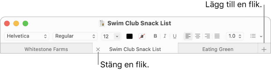 Ett Textredigerare-fönster med tre flikar i flikfältet, placerat under formateringsfältet. En flik visar stängningsknappen. Lägg till-knappen finns längst till höger i flikfältet.