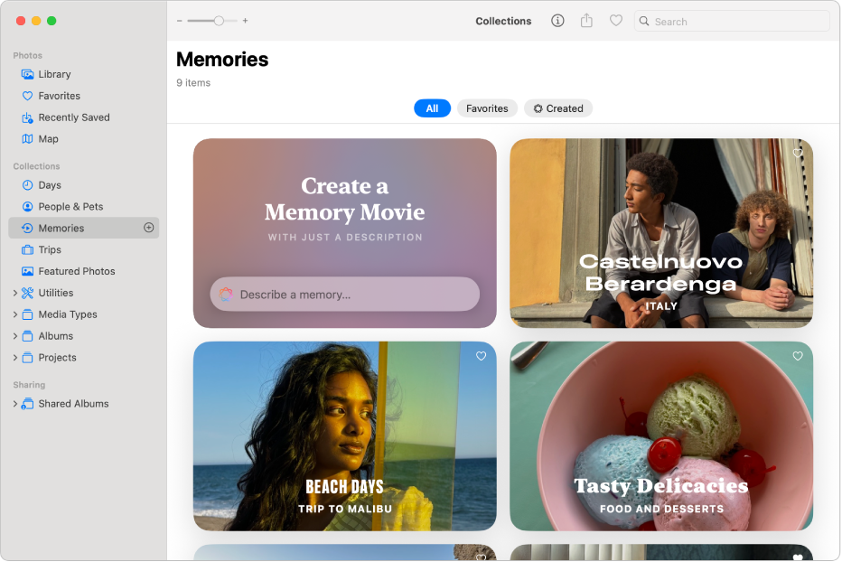 หน้าต่างรูปภาพบน Mac ที่แสดงคอลเลกชั่นความทรงจำ ซึ่งมีตัวเลือกสำหรับสร้างความทรงจำและดูความทรงจำที่สร้างก่อนหน้า