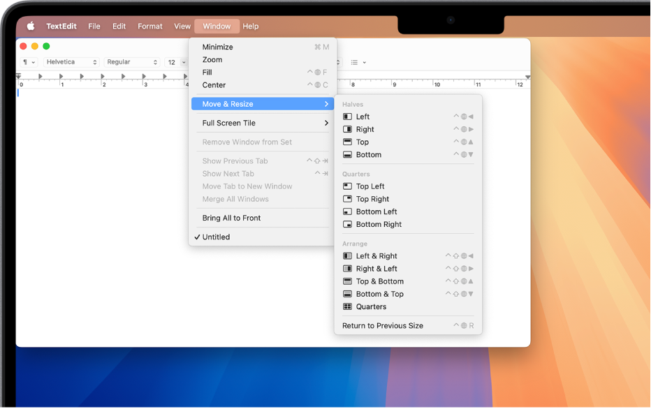 เมนูหน้าต่างในแอป TextEdit